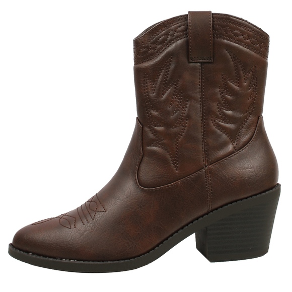 Brown Faux Leather Cowboy Pull On Mid Calf Boot - Picture 3 of 8